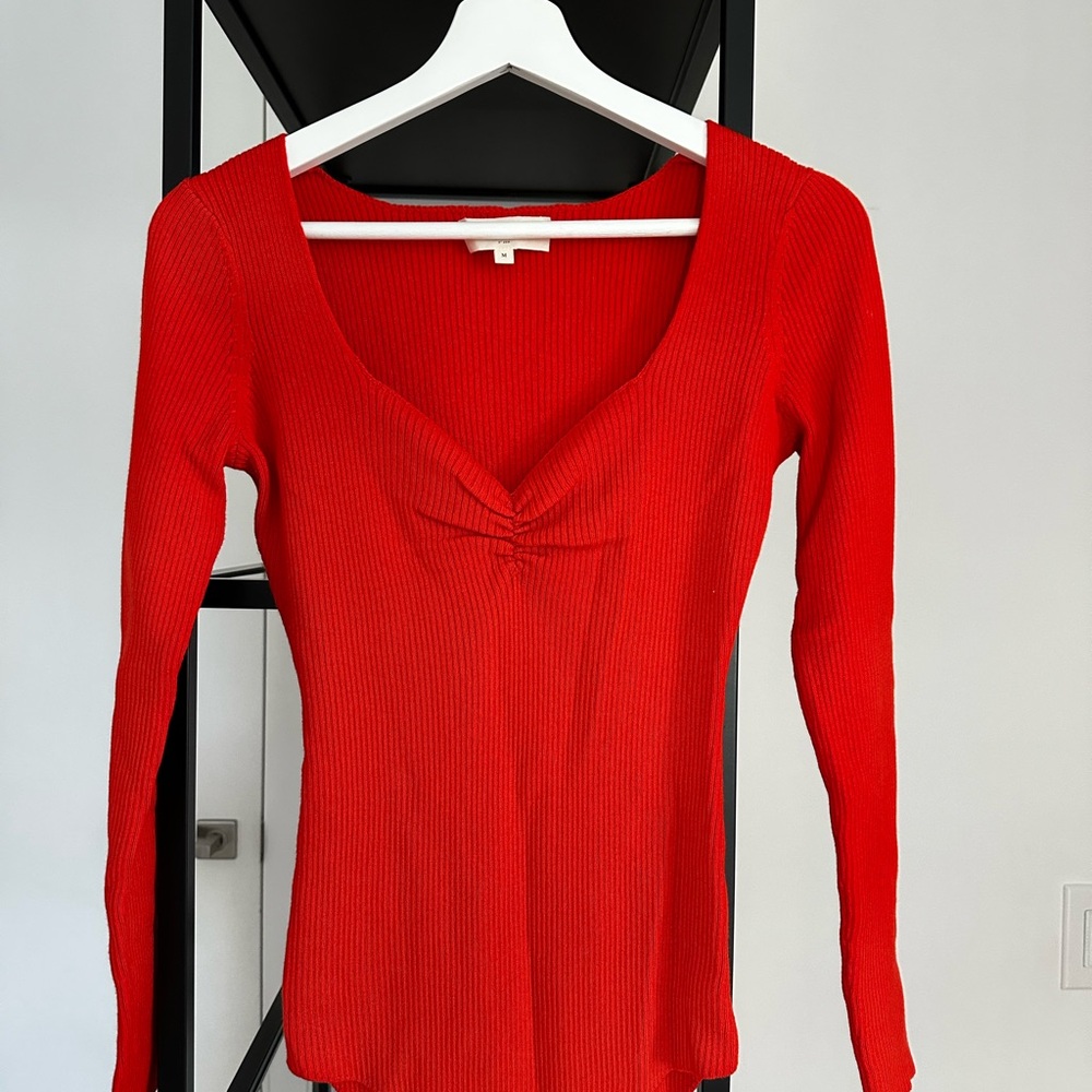Sezane Red Fitted Tie Front V-Neck Blouse